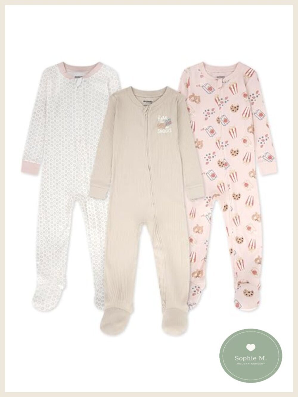 3-Pack Baby Footed Coverall Pajamas, 100% Cotton, Zip Closure, Silicone Grippers